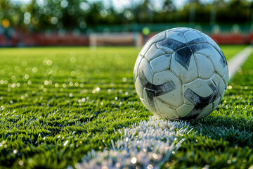 A soccer ball sitting on lush green grass, perfect for sports or outdoor activities - 765784889