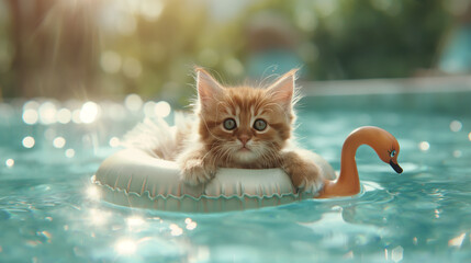 kitten that wears swimming suit with ruffles is swimming with a swan floatie in a pool. Sunny day - obrazy, fototapety, plakaty