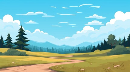 Naklejka premium Grass Field landscape with blue sky and white cloud. Blue sky clouds sunny day wallpaper. Cartoon illustration of a Grass Field with blue sky in Summer. green field in a day. 