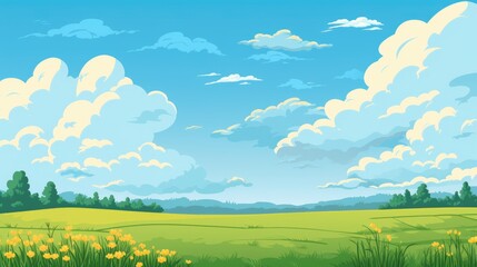Grass Field landscape with blue sky and white cloud. Blue sky clouds sunny day wallpaper. Cartoon illustration of a Grass Field with blue sky in Summer. green field in a day