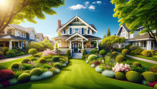 panoramic image of a charming suburban home on a bright, sunny day.