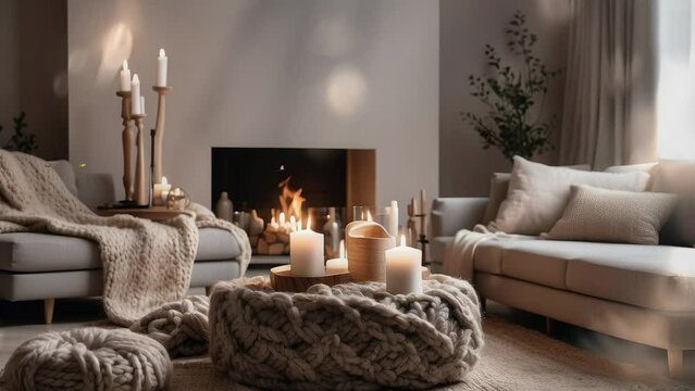Scandinavian farmhouse, modern living room hygge home interior design. 