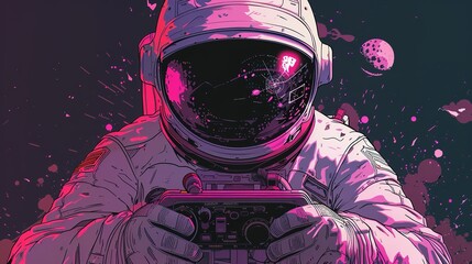 in comic book style, an astronaut plays a video game in space