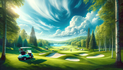 idyllic golf course on a sunny day, with a high-definition quality akin to a serene painting. - obrazy, fototapety, plakaty