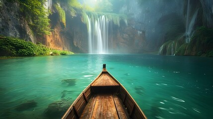 A wooden boat floats on a calm lake surrounded by mountains and beautiful waterfalls. - obrazy, fototapety, plakaty