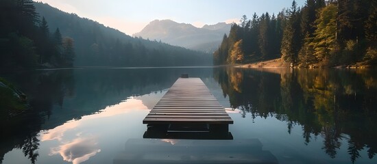 A Calm Lake with a Wooden Pier Perched on It with a mountain in the background. Adventure travel background. - obrazy, fototapety, plakaty