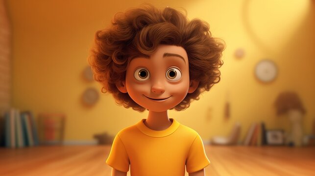 Generate an image featuring a boy with curly hair and a yellow shirt, rendered in the style of Cinema4D. 