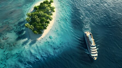 Aerial view The concept of sea travel, cruises. Cruise ship luxury near beautiful paradise island...