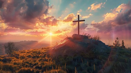 Superb Resurrection concept, crucifixion of jesus christ cross at sunset - obrazy, fototapety, plakaty