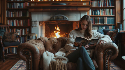 Woman reading a book in a library in front of a fireplace in a cozy environment