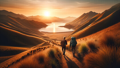 two adventurers hiking on a scenic trail at sunset. They are in a vast landscape of rolling hills and a lake. - obrazy, fototapety, plakaty