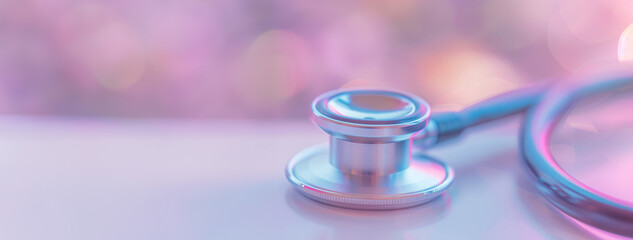 Stethoscope on  pink surface with a blurred background. Medical practice and healthcare concept. Design for clinic banner with copy space, healthcare poster, medical equipment advertisement.