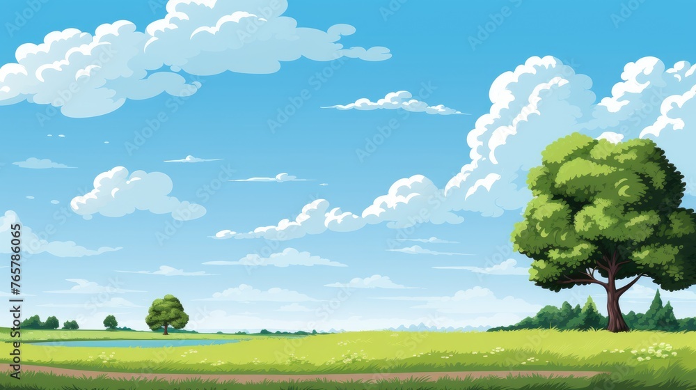 Wall mural grass field landscape with blue sky and white cloud. blue sky clouds sunny day wallpaper. cartoon il