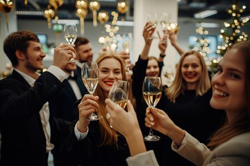 Colleagues toast with champagne at a festive corporate event.