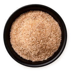 Cinnamon sugar in a black ceramic bowl isolated on white from above.