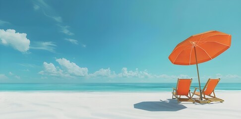 Two orange beach chairs and an umbrella on a beautiful white sand beach in front of the ocean on sunny day.