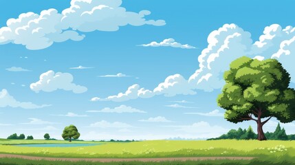 Grass Field landscape with blue sky and white cloud. Blue sky clouds sunny day wallpaper. Cartoon illustration of a Grass Field with blue sky in Summer. green field in a day.