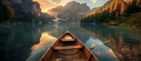 Wooden boat on the crystal lake. Beautiful autumn day by lake Braies in the Dolomites on a moody morning. - obrazy, fototapety, plakaty