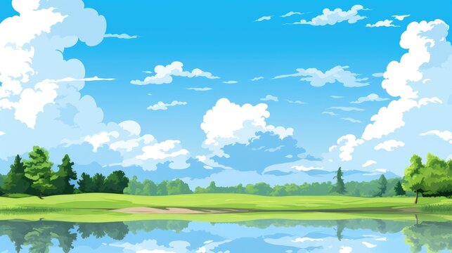 Grass Field landscape with blue sky and white cloud. Blue sky clouds sunny day wallpaper. Cartoon illustration of a Grass Field with blue sky in Summer. green field in a day.