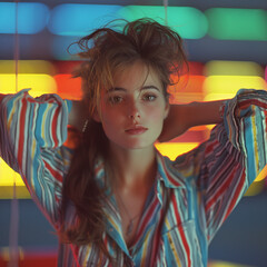 Nostalgic 80's portrait of woman with a colorful background
