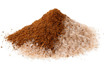 Heap of cinnamon sugar with a splash of ground cinnamon isolated on white. - 765786238