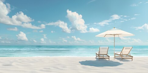 Obraz premium Two chairs and umbrella White sand. Vacation tourism travel background. Beautiful beach banner.