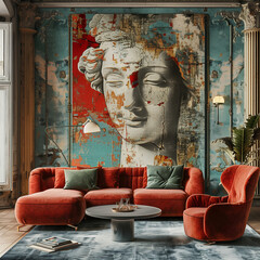 Vibrant eclectic interior design photo with a red couch