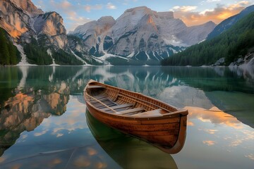 Wooden boat on the crystal lake with majestic mountain behind. Reflection in the water. - obrazy, fototapety, plakaty