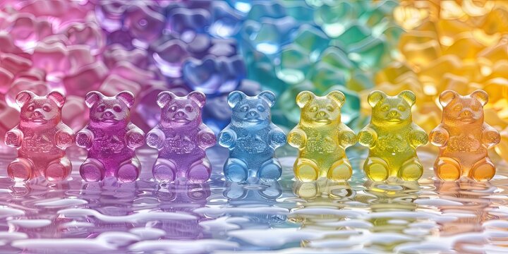 A whimsical 3D scene of rainbow-colored gummy bears cheerfully floating and dancing in a bright, candy-filled wonderland