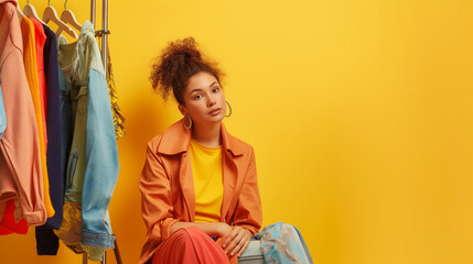Style assistant. Young lady sitting near clothing rack with colorful clothes, yellow background, looking at copy space professional photography