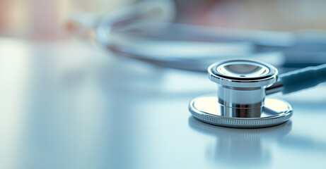 Stethoscope on a reflective surface with a blurred background. Medical practice and healthcare...