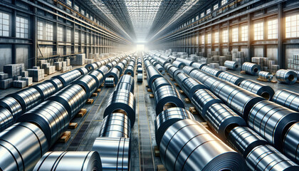 expansive industrial warehouse filled with large coils of steel and aluminum. The metal coils are arranged neatly in rows,