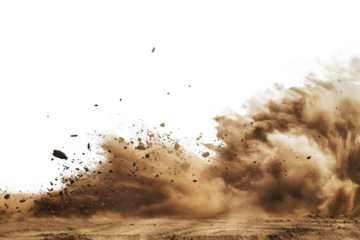 dry earth explosion isolated on white background, smoke bind with sand