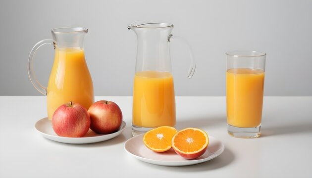 A glass of orange juice on a table with a white background