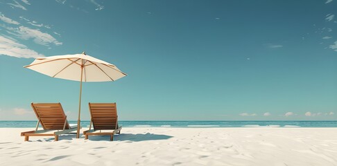 Two beach beds, umbrella and white sand on tropical sea shore in summer, Banner with copy space for text.