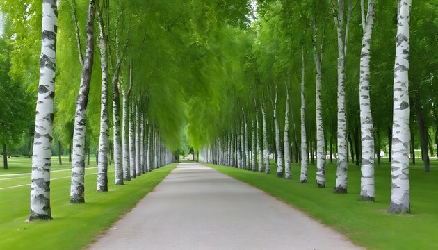 Birch Alley of lime trees in park in summer time