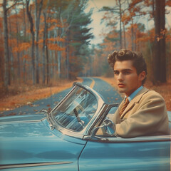 Portrait of a man in a vintage 50's style car on a beautiful autumn day