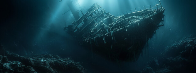 Sunken Ship in Underwater Abyss with Sunlight Filtering Through - obrazy, fototapety, plakaty
