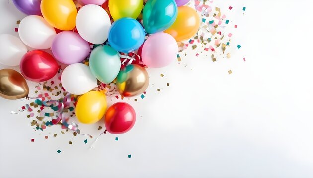 Colorful balloons and confetti, Festive or party background.