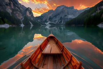 Wooden boat at the crystal lake with alpine mountain lake. Beautiful afternoon lake and mountains background. - obrazy, fototapety, plakaty