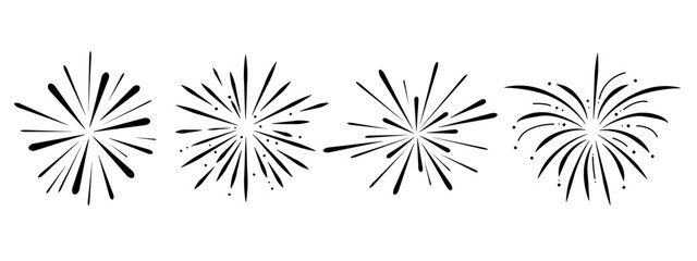 Set fireworks doodle line explosion radial sparkler with rays, hand drawn firecrackers simple and round decoration isolated on white background. - obrazy, fototapety, plakaty