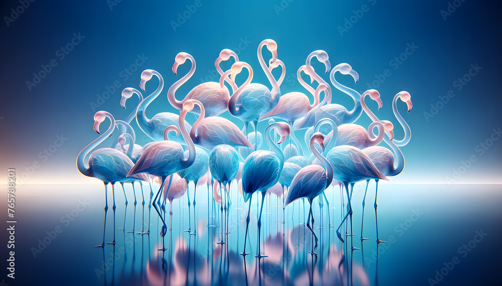 Poster translucent color flamingos, superimposed, with backlighting, set against a gradient blue background