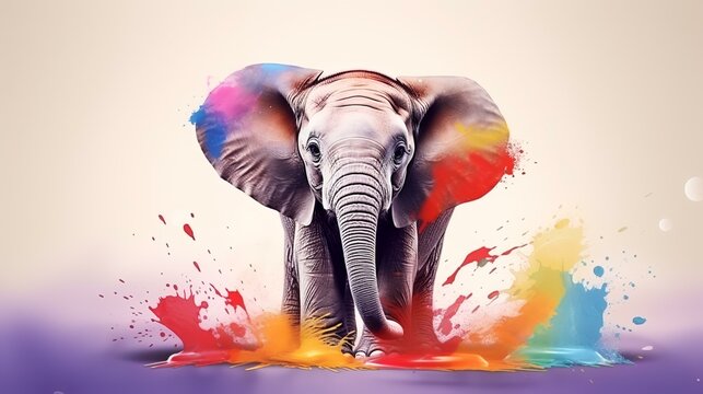 Elephant with colorful paint splashes on colorful background. Digital painting.