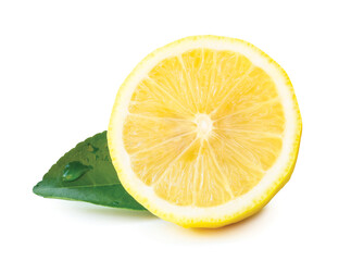 Front view of yellow lemon half with green leaf and drop isolated on white background with clipping path