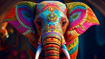 Elephant head decorated with colorful patterns. Closeup of colorful elephant head.