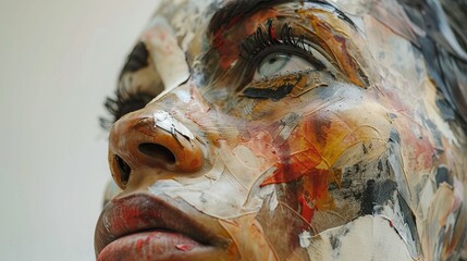 This close-up portrait is a textured mosaic, blending painting and photography into a tapestry of human expression. The fragmented style hints at the complexity of identity.