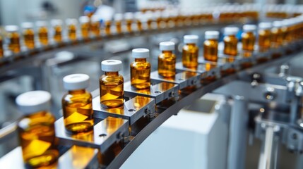 Fototapeta premium Medical vials on production line at pharmaceutical factory, Pharmaceutical machine working pharmaceutical glass bottles production line, health care, pandemic.