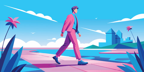 Urban Stroll - A Man Walking in a Vibrant Cityscape Vector Illustration