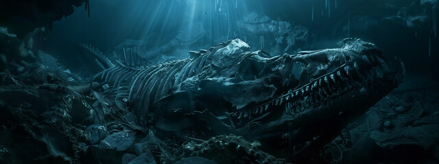 Underwater Leviathan Skeleton Among Oceanic Ruins - obrazy, fototapety, plakaty