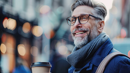 A man with glasses and a beard is smiling and holding a coffee cup. He is wearing a blue jacket and...